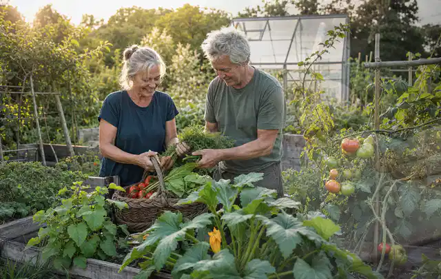 Zwei Personen ernten gemeinsam Gemüse in einem sonnigen Nutzgarten; Thema Tomaten, Schwerpunkt Hochbeet; Umsetzung.
