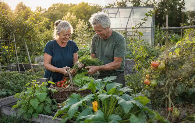 Zwei Personen ernten gemeinsam Gemüse in einem sonnigen Nutzgarten; Thema Tomaten, Schwerpunkt Lagerung; Ausgangslage.