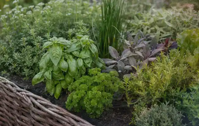 Dichtes Hochbeet mit Basilikum Schnittlauch Petersilie Salbei und weiteren Küchenkräutern; Thema Tomaten, Schwerpunkt Lagerung; Kontrolle.