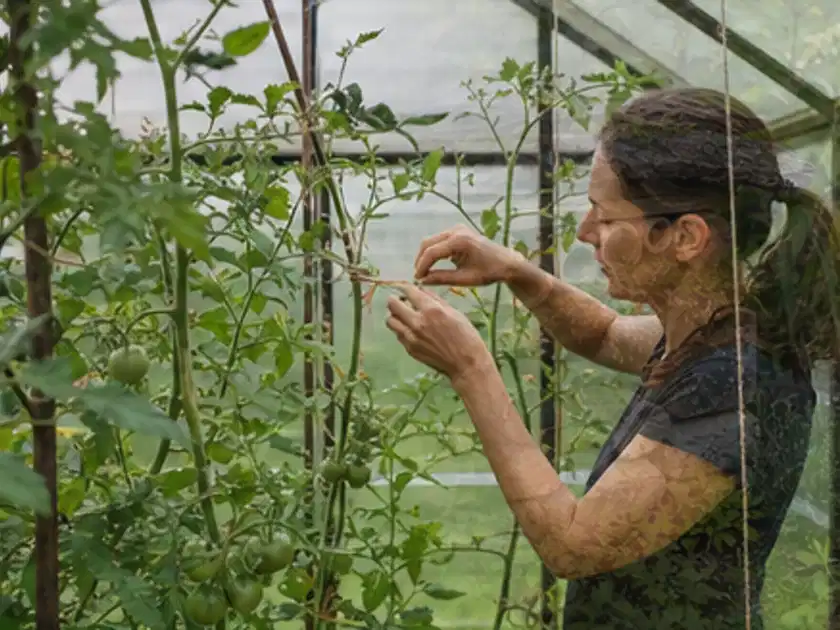 Person bindet junge Tomatentriebe in einem privaten Gewächshaus vorsichtig an; Thema Tomaten, Schwerpunkt Pflanzenschutz; Titelbild.
