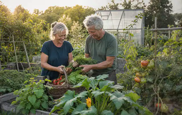 Zwei Personen ernten gemeinsam Gemüse in einem sonnigen Nutzgarten; Thema Tomaten, Schwerpunkt Pflanzenschutz; Ergebnis.