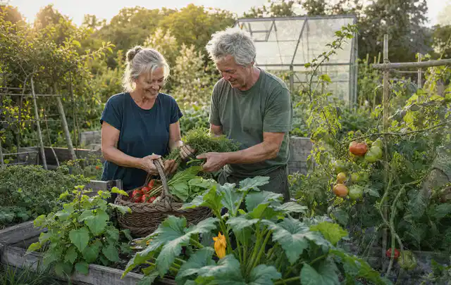 Zwei Personen ernten gemeinsam Gemüse in einem sonnigen Nutzgarten; Thema Tomaten, Schwerpunkt Saisonkalender; Kontrolle.