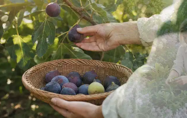 Hand pflückt eine reife Feige über einem flachen Korb mit Früchten; Thema Tomaten, Schwerpunkt Schnitt; Ausgangslage.