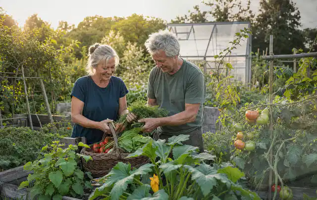 Zwei Personen ernten gemeinsam Gemüse in einem sonnigen Nutzgarten; Thema Tomaten, Schwerpunkt Standort; Kontrolle.