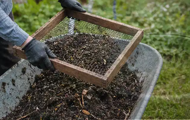 Behandschuhte Hände sieben reifen Kompost über einer Gartenschubkarre; Thema Tomatenhaus, Schwerpunkt Baurecht; Umsetzung.