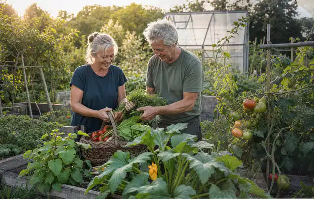 Zwei Personen ernten gemeinsam Gemüse in einem sonnigen Nutzgarten; Thema Tomatenhaus, Schwerpunkt Baurecht; Ergebnis.