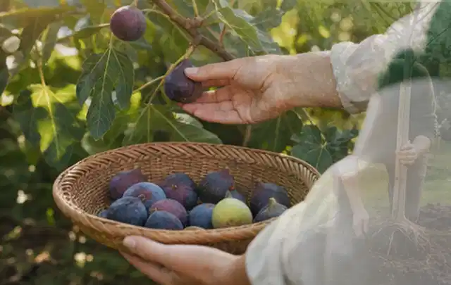Hand pflückt eine reife Feige über einem flachen Korb mit Früchten; Thema Tomatenhaus, Schwerpunkt Checkliste; Kontrolle.