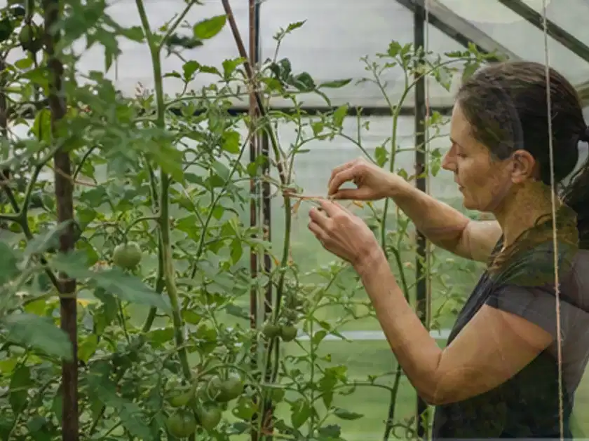 Person bindet junge Tomatentriebe in einem privaten Gewächshaus vorsichtig an; Thema Tomatenhaus, Schwerpunkt Dimensionierung; Titelbild.