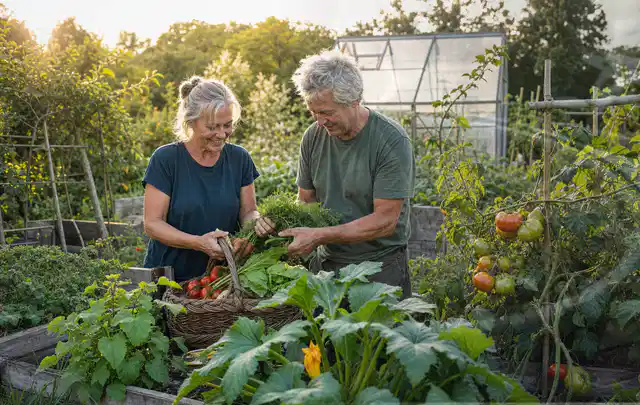 Zwei Personen ernten gemeinsam Gemüse in einem sonnigen Nutzgarten; Thema Tomatenhaus, Schwerpunkt Dimensionierung; Praxisalltag.