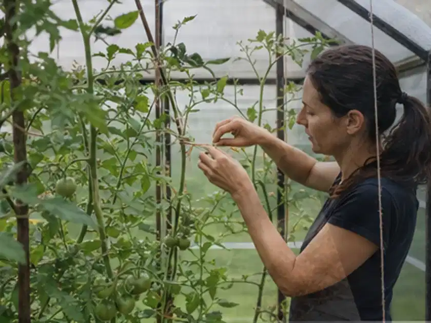 Person bindet junge Tomatentriebe in einem privaten Gewächshaus vorsichtig an; Thema Tomatenhaus, Schwerpunkt DIY; Titelbild.