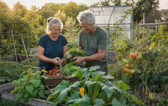 Zwei Personen ernten gemeinsam Gemüse in einem sonnigen Nutzgarten; Thema Tomatenhaus, Schwerpunkt DIY; Umsetzung.