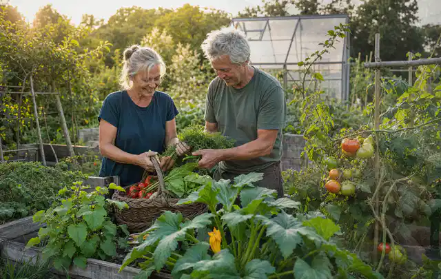 Zwei Personen ernten gemeinsam Gemüse in einem sonnigen Nutzgarten; Thema Tomatenhaus, Schwerpunkt Fehlerhilfe; Umsetzung.