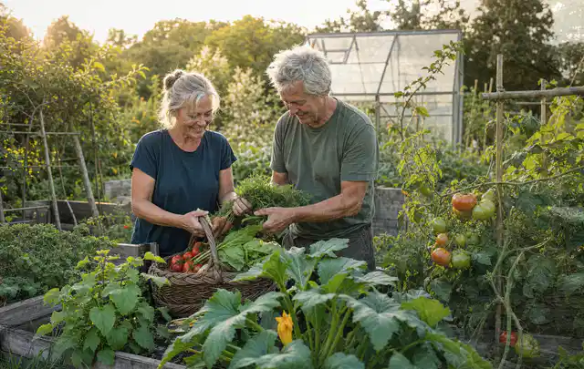 Zwei Personen ernten gemeinsam Gemüse in einem sonnigen Nutzgarten; Thema Tomatenhaus, Schwerpunkt Gärten mit kleiner Fläche; Ausgangslage.