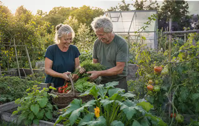 Zwei Personen ernten gemeinsam Gemüse in einem sonnigen Nutzgarten; Thema Tomatenhaus, Schwerpunkt Gestaltung; Kontrolle.