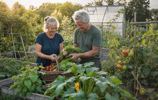 Zwei Personen ernten gemeinsam Gemüse in einem sonnigen Nutzgarten; Thema Tomatenhaus, Schwerpunkt Kosten; Praxisalltag.