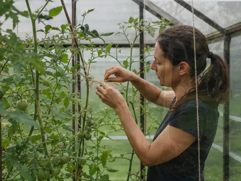 Person bindet junge Tomatentriebe in einem privaten Gewächshaus vorsichtig an; Thema Tomatenhaus, Schwerpunkt Materialwahl; Titelbild.