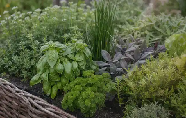 Dichtes Hochbeet mit Basilikum Schnittlauch Petersilie Salbei und weiteren Küchenkräutern; Thema Tomatenhaus, Schwerpunkt Materialwahl; Praxisalltag.