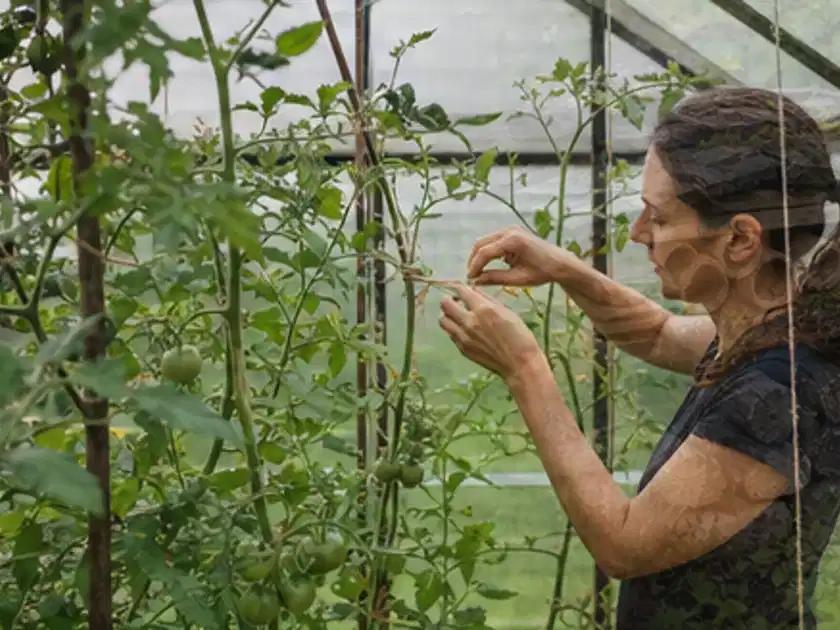 Person bindet junge Tomatentriebe in einem privaten Gewächshaus vorsichtig an; Thema Tomatenhaus, Schwerpunkt Nachhaltigkeit; Titelbild.