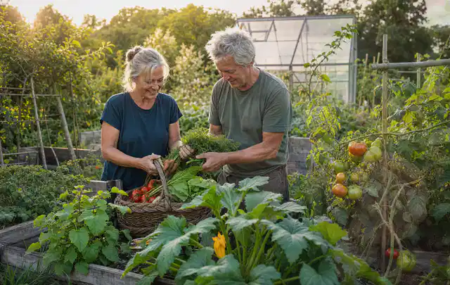 Zwei Personen ernten gemeinsam Gemüse in einem sonnigen Nutzgarten; Thema Tomatenhaus, Schwerpunkt Nachhaltigkeit; Praxisalltag.