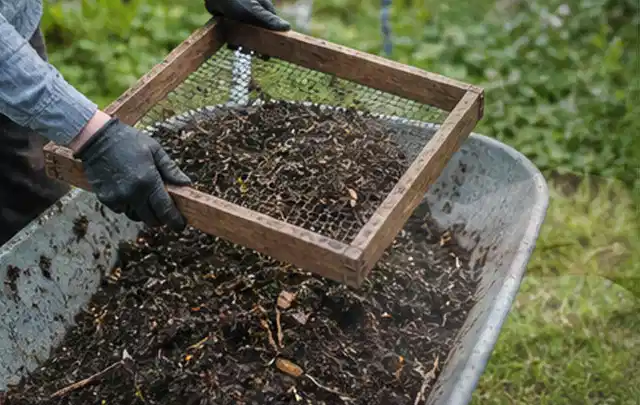 Behandschuhte Hände sieben reifen Kompost über einer Gartenschubkarre; Thema Tomatenhaus, Schwerpunkt Pflege; Umsetzung.