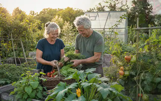 Zwei Personen ernten gemeinsam Gemüse in einem sonnigen Nutzgarten; Thema Tomatenhaus, Schwerpunkt Planung; Praxisalltag.