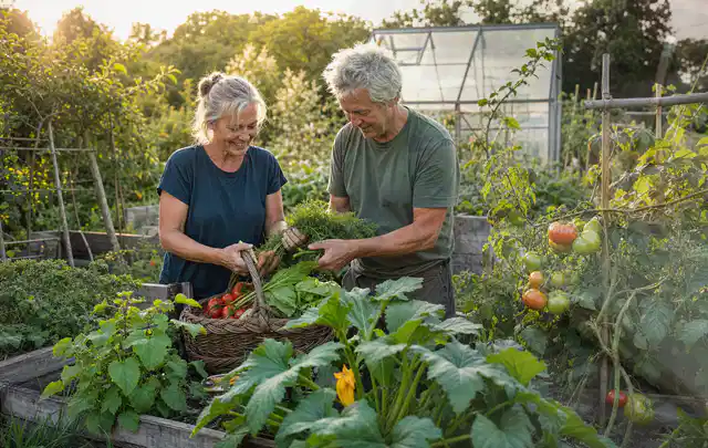 Zwei Personen ernten gemeinsam Gemüse in einem sonnigen Nutzgarten; Thema Tomatenhaus, Schwerpunkt Standort; Ausgangslage.