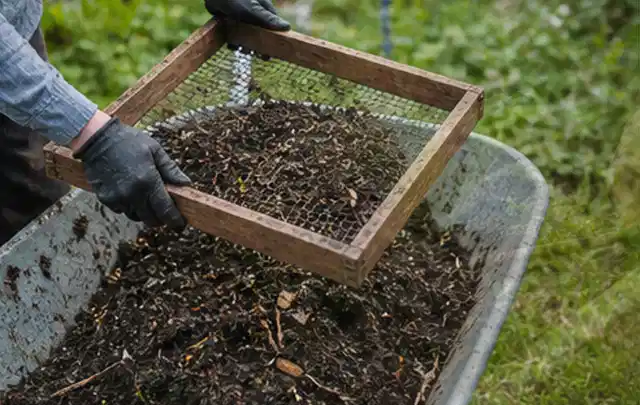 Behandschuhte Hände sieben reifen Kompost über einer Gartenschubkarre; Thema Tomatenhaus, Schwerpunkt Standort; Ergebnis.