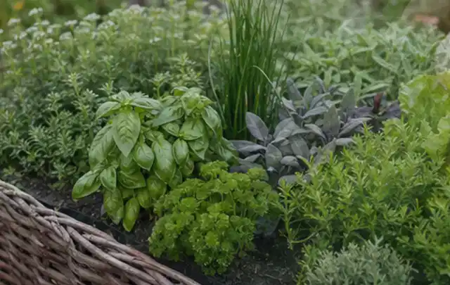 Dichtes Hochbeet mit Basilikum Schnittlauch Petersilie Salbei und weiteren Küchenkräutern; Thema Tomatenhaus, Schwerpunkt Winterschutz; Ergebnis.