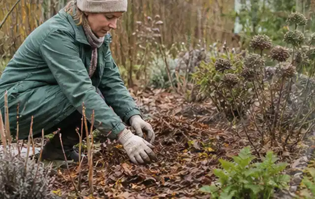 Person verteilt eine schützende Mulchschicht zwischen winterlichen Stauden; Thema Trauermücken, Schwerpunkt Bestimmung; Kontrolle.