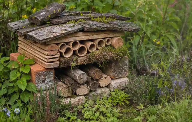 Naturnaher Unterschlupf aus Holz Rinde und Pflanzenstängeln im Garten; Thema Trauermücken, Schwerpunkt Bestimmung; Praxisalltag.
