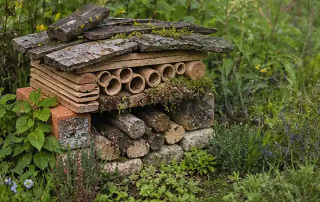 Naturnaher Unterschlupf aus Holz Rinde und Pflanzenstängeln im Garten; Thema Trauermücken, Schwerpunkt Biologie; Ausgangslage.
