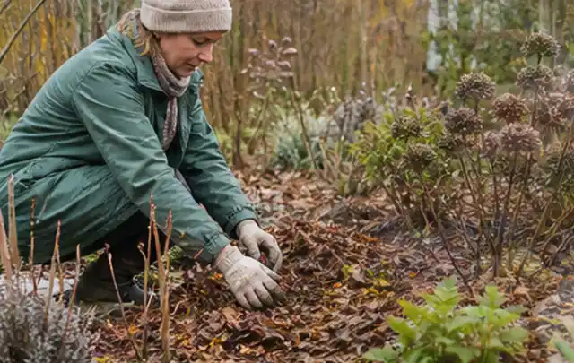 Person verteilt eine schützende Mulchschicht zwischen winterlichen Stauden; Thema Trauermücken, Schwerpunkt Fehlerhilfe; Umsetzung.