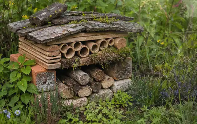 Naturnaher Unterschlupf aus Holz Rinde und Pflanzenstängeln im Garten; Thema Trauermücken, Schwerpunkt Natürliche Bekämpfung; Umsetzung.