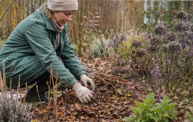 Person verteilt eine schützende Mulchschicht zwischen winterlichen Stauden; Thema Trauermücken, Schwerpunkt Natürliche Bekämpfung; Kontrolle.