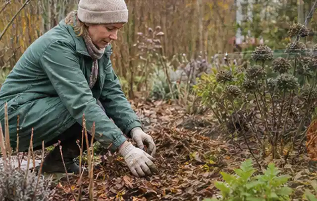 Person verteilt eine schützende Mulchschicht zwischen winterlichen Stauden; Thema Trauermücken, Schwerpunkt Nützlinge; Umsetzung.