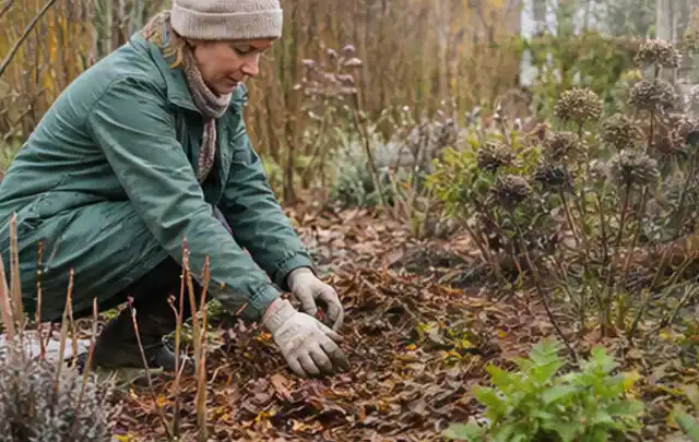 Person verteilt eine schützende Mulchschicht zwischen winterlichen Stauden; Thema Trauermücken, Schwerpunkt Schadbild; Umsetzung.