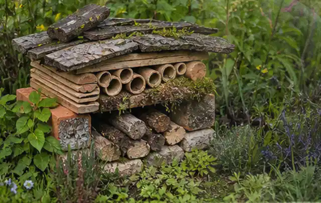 Naturnaher Unterschlupf aus Holz Rinde und Pflanzenstängeln im Garten; Thema Trauermücken, Schwerpunkt Schadbild; Kontrolle.