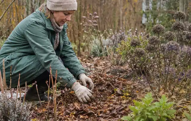 Person verteilt eine schützende Mulchschicht zwischen winterlichen Stauden; Thema Trauermücken, Schwerpunkt Schädlinge Krankheiten; Kontrolle.