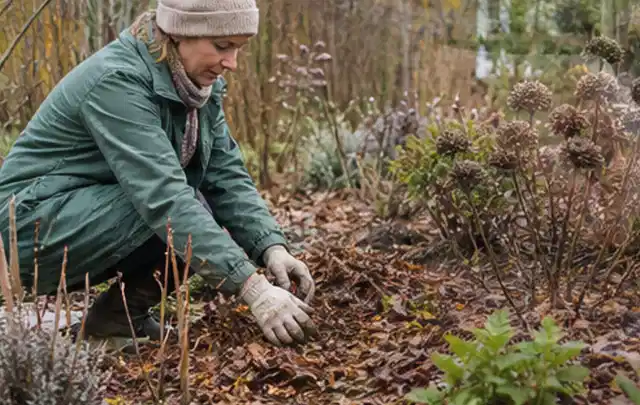 Person verteilt eine schützende Mulchschicht zwischen winterlichen Stauden; Thema Trauermücken, Schwerpunkt Soforthilfe; Umsetzung.