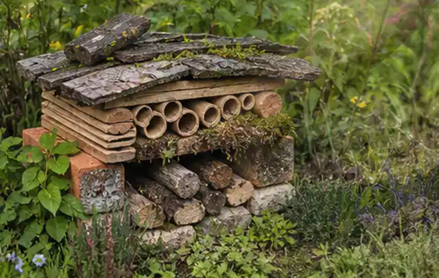 Naturnaher Unterschlupf aus Holz Rinde und Pflanzenstängeln im Garten; Thema Trauermücken, Schwerpunkt Soforthilfe; Kontrolle.