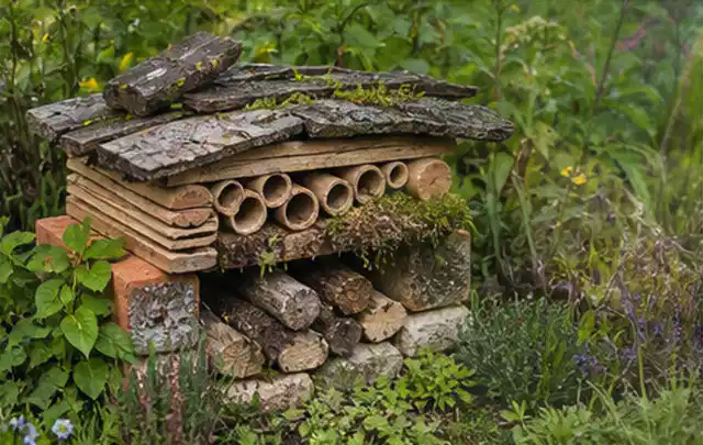 Naturnaher Unterschlupf aus Holz Rinde und Pflanzenstängeln im Garten; Thema Trauermücken, Schwerpunkt Ursachen; Umsetzung.