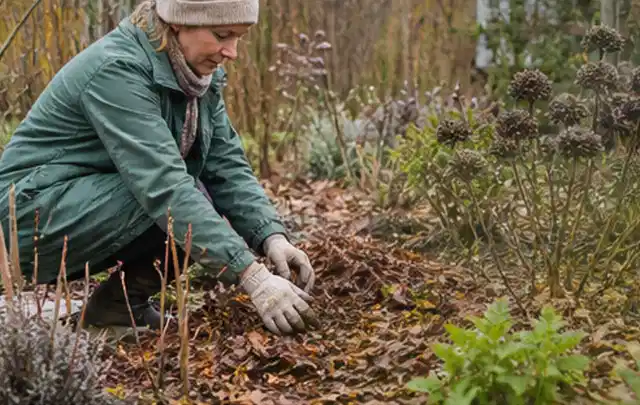 Person verteilt eine schützende Mulchschicht zwischen winterlichen Stauden; Thema Trauermücken, Schwerpunkt Vorbeugung; Umsetzung.