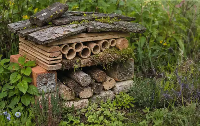 Naturnaher Unterschlupf aus Holz Rinde und Pflanzenstängeln im Garten; Thema Trauermücken, Schwerpunkt Vorbeugung; Kontrolle.