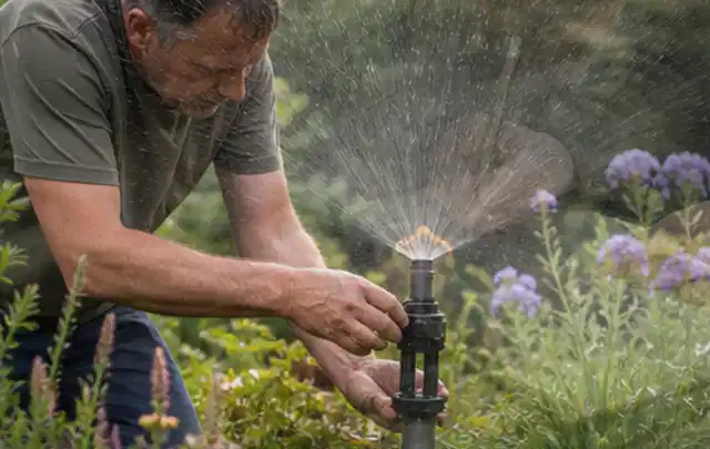 Person richtet einen laufenden Gartensprenger zwischen Stauden präzise aus; Thema Trockenrasen, Schwerpunkt Bewässerung; Ergebnis.