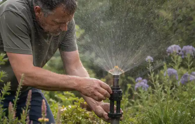 Person richtet einen laufenden Gartensprenger zwischen Stauden präzise aus; Thema Trockenrasen, Schwerpunkt Bodenpflege; Ergebnis.