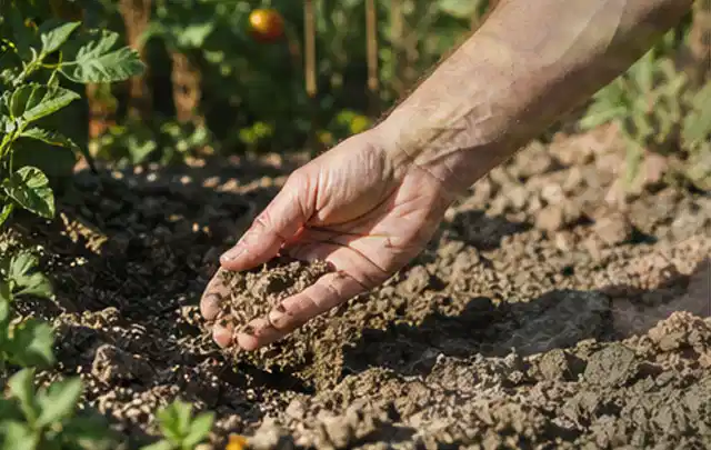 Hand prüft trockene krümelige Gartenerde während einer warmen Sommerphase; Thema Trockenrasen, Schwerpunkt Bodenpflege; Praxisalltag.