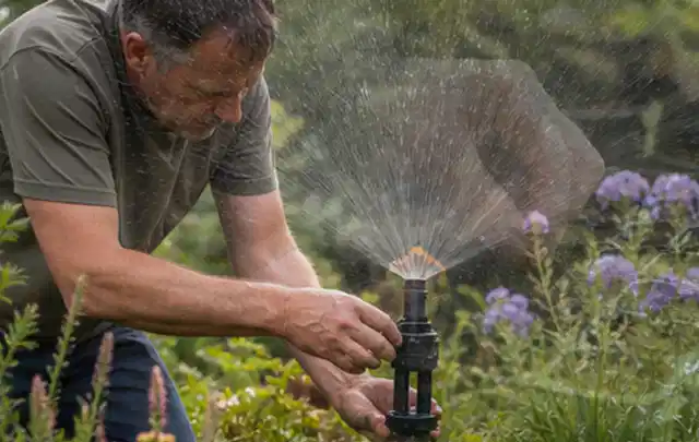 Person richtet einen laufenden Gartensprenger zwischen Stauden präzise aus; Thema Trockenrasen, Schwerpunkt Einsteigerwissen; Ausgangslage.