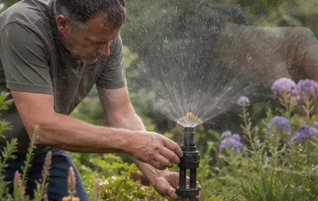 Person richtet einen laufenden Gartensprenger zwischen Stauden präzise aus; Thema Trockenrasen, Schwerpunkt Frühjahr; Kontrolle.