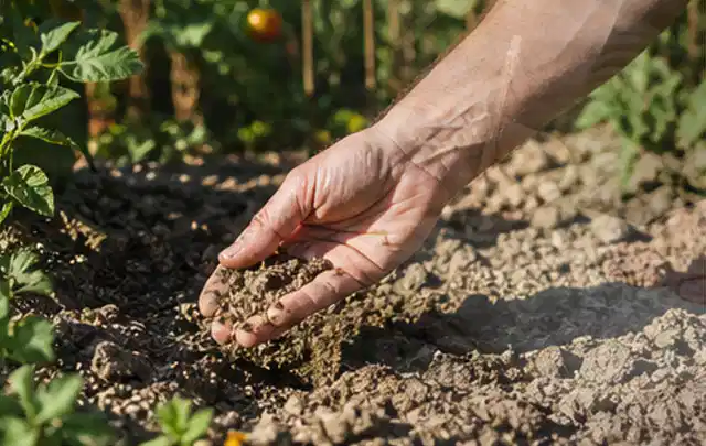 Hand prüft trockene krümelige Gartenerde während einer warmen Sommerphase; Thema Trockenrasen, Schwerpunkt Frühjahr; Praxisalltag.