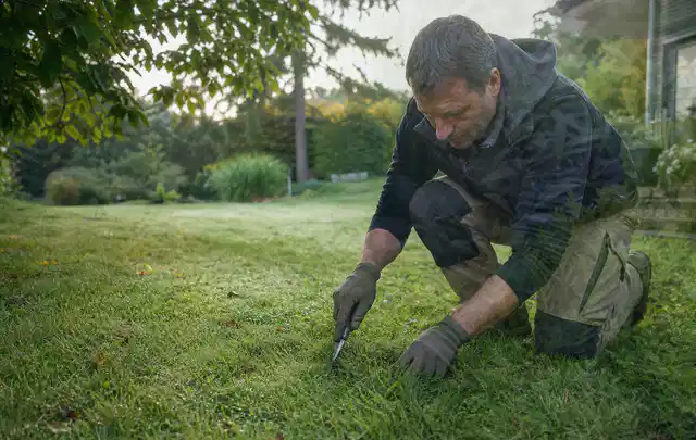 Person prüft den Boden einer gepflegten Rasenfläche im Garten; Thema Trockenrasen, Schwerpunkt Herbstpflege; Kontrolle.